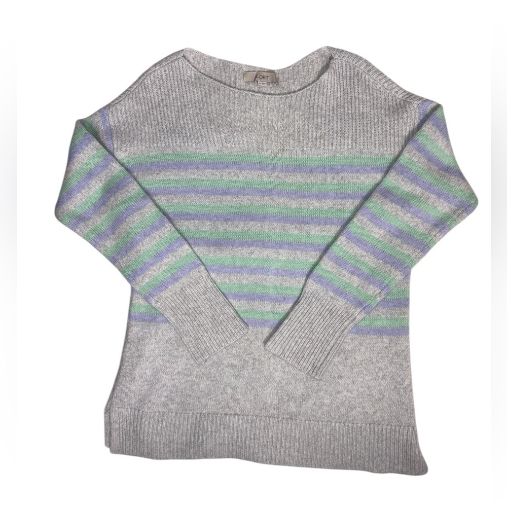 Ann Taylor LOFT Tunic Sweater Sz M Gray Aqua Blue Stripe Wool Blend Boat Neck - Picture 5 of 9